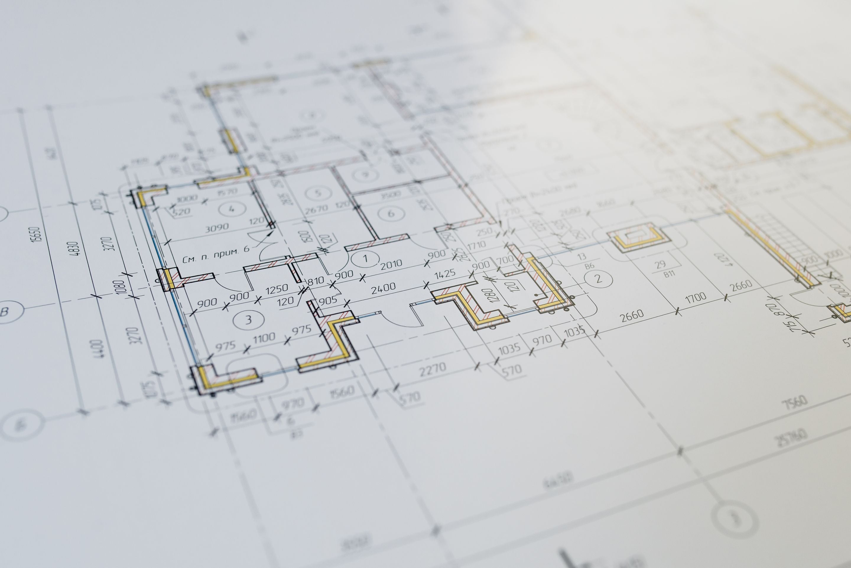 Close-up of a detailed architectural floor plan drawing with dimensions